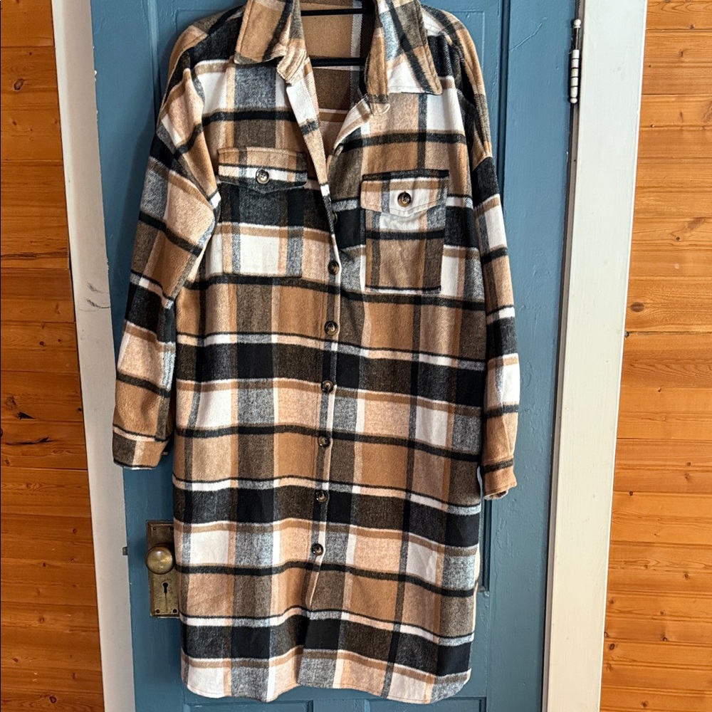 Plaid Longline Shacket - Tan, Black, White